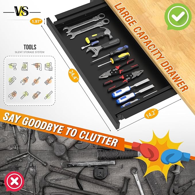 Solid Wood 48" Work Bench with Drawers, Adjustable Height Workbench with Wheels, Heavy-Duty Work Table with Power Outlets, 2000 LBS Capacity Workstation for Garage, Workshop(48" X 24")