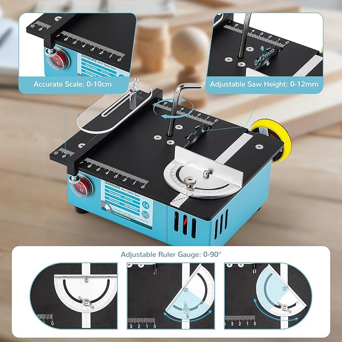 Mini Table Saw, 96W Dual Motor Control 4 Blades Set Cut Thickness 12MM 0-90° Adjust Small Table Saw for Hobby DIY Model Wood Cutting