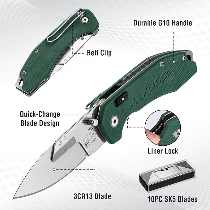 FLISSA Folding Utility Knife, 3-in-1 EDC Knife with Drop Point, Gut Hook & Replaceable Blades, Quick Change, Liner Lock, G10 Handle, Belt Clip for Outdoor & Everyday Use, Includes 16 Blades