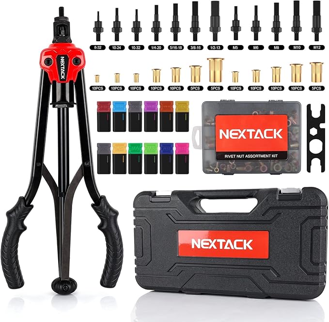 Heavy Duty Rivet Nut Tool Kit, 16" Auto Release Nut Rivnut Tool with 12 SAE & Metric Mandrels & 105 Nurserts, Threaded Riveter Tool Setter in Rugged Carrying Case NT800