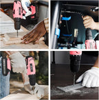 Jar-Owl 21V Pink Cordless Drill Set for Women，350 in-lb Torque, 0-1350RMP Variable Speed, 10MM 3/8'' Keyless Chuck, 18+1 Clutch, 1.5Ah Li-Ion Battery & Charger for Home DIY and Repair - Black & Pink