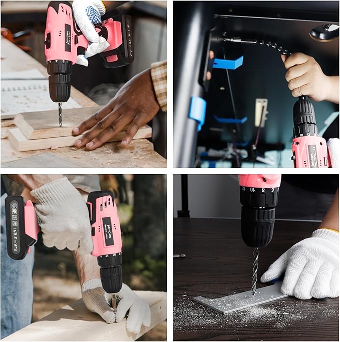 Jar-Owl 21V Pink Cordless Drill Set for Women，350 in-lb Torque, 0-1350RMP Variable Speed, 10MM 3/8'' Keyless Chuck, 18+1 Clutch, 1.5Ah Li-Ion Battery & Charger for Home DIY and Repair - Black & Pink