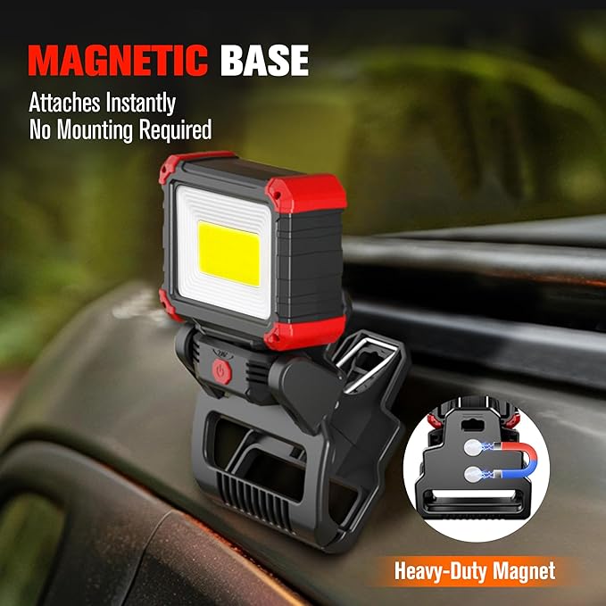 Yls 2pack LED Work Light, 2100LM Rechargeable COB Magnetic Clip on Work Light with 3 Light Modes, 270°& 180°Rotatable Portable Clamp Worklight for Car Repairs, Grilling, Camping, Emergency Use