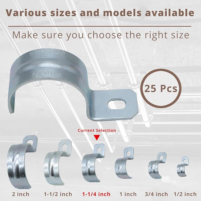 1-1/4 inch 25PCS Zinc-Plated Steel Rigid Pipe, 1 Holes Cable U Bracket Pipe Clamp Electrical Conduit Straps for EMT Conduit RustResistant Straps for Reliable Installation