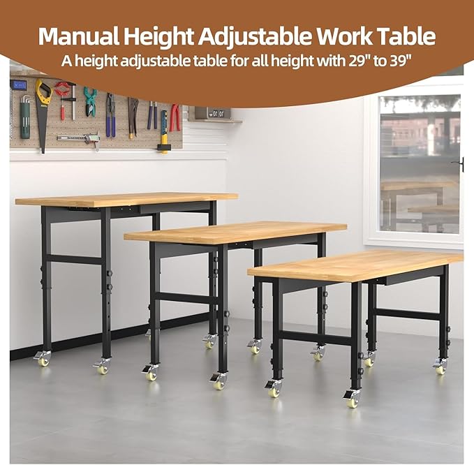 48' Adjustable Workbench, Solid Wood Work Bench Table with Wheels and Power Outlet, Rolling Workbenchs Large Load Capacity Garage Workbench for Workshop,Office,Home