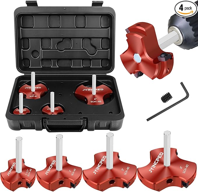 3 Blade PVC Pipe Reamer,PVC Fitting Saver Set Socket Saver for Plumbing,Tool Size:1-1/2",2",3",4 Pipes Reamers,Plastic Pipe Reamer Tool Kit for Sch.40 CPVC ABS Fitting,4 Size w/Tungsten Carbide Blade