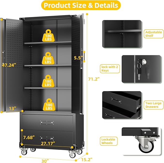Aobabo 2 Large Drawer Metal Storage Cabinet with Wheels, Lockable Steel Storage Cabinet with 3 Adjustable Shelves and 6 Hooks for Home, Office, Garage, Classroom, Black, Assembly Required