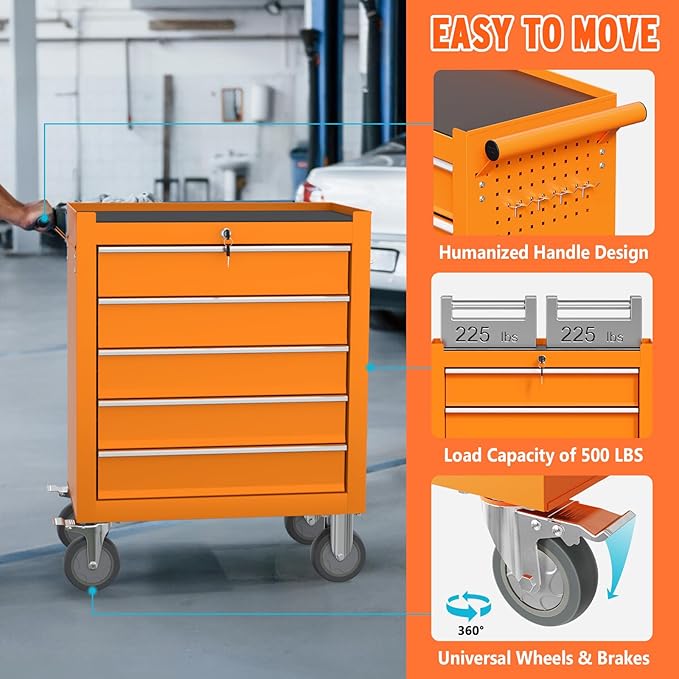 5 Drawers Large Capacity Tool Box, Metal Rolling Tool Chest with Wheels and Drawers, Tool Storage Cabinet with Keyed Locking, Tool Organizer Box for Garage, Workshop, Warehouse (Orange)