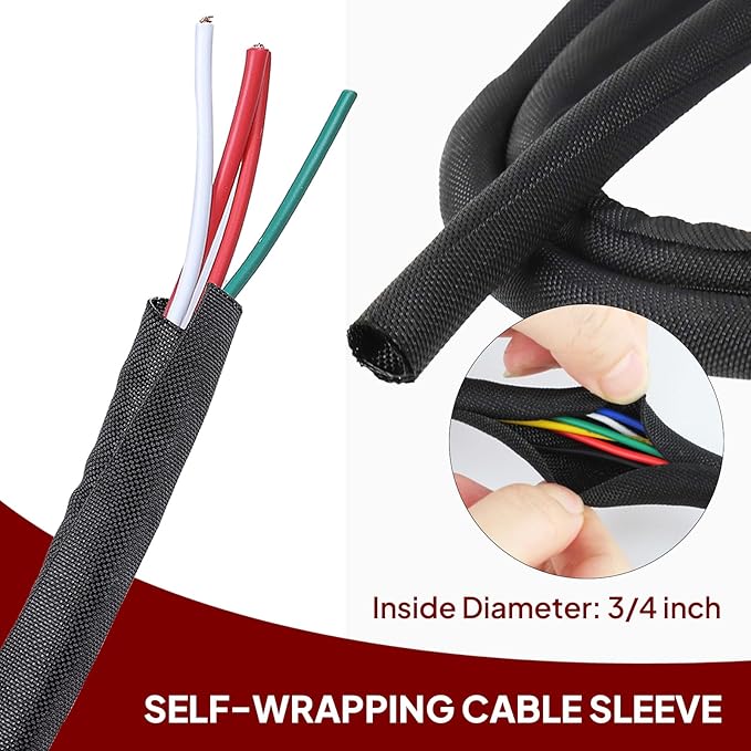 Black Braided Cable Management Sleeves Wire Loom Tubing Cord Protector Self-Wrapping (3/4"-12Feet)