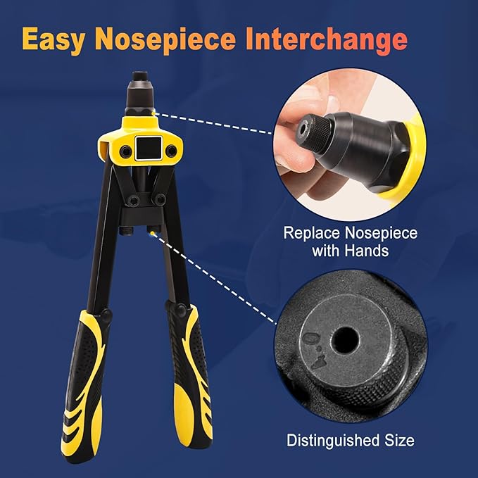 13" Rivet Gun, Rivet Gun Kit with 5 Pcs Rivets, 3 Nosepieces Manual Hand Pop Rivet Gun(1/8", 5/32", 3/16"), Heavy Duty Rivet Tool for Metal, Aluminum, Stainless Steel