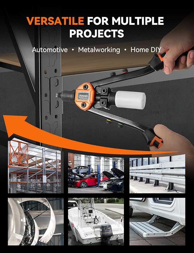 Professional Rivet Gun Kit with 5 Drill Bits & Magnetic Wristband - Heavy Duty Two-Handed Riveter for Metal, Gutter, Automotive - Includes 210 Assorted Rivets