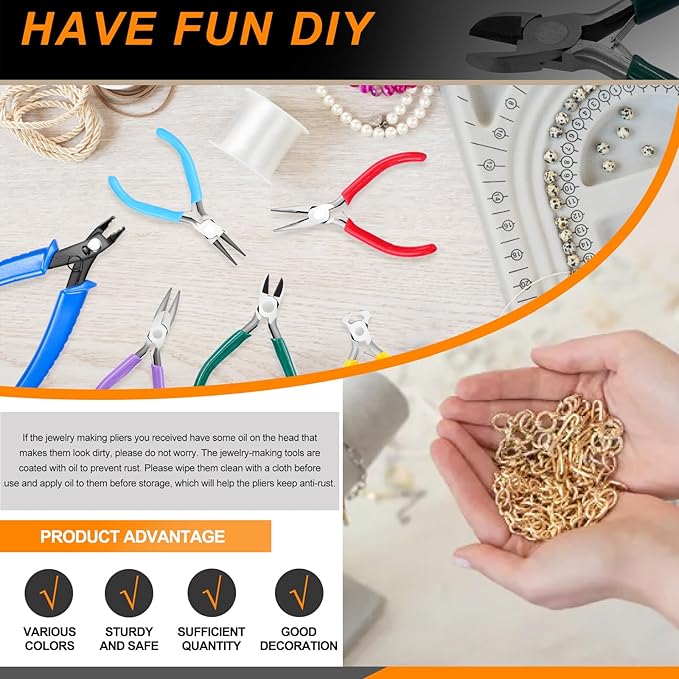 Jewelry Pliers Set - 7 Pcs Includes Long Nose, Round Nose, Diagonal Wire Cutter, End Cutting, Bead Crimping Pliers With Storage Bag