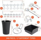 240PCS Pegboard Hooks Assortment, Pegboard Organizer Kit with Bins, Cups, 1/8 and 1/4 inch Hooks for Hanging Tools, Garage Wall Organization