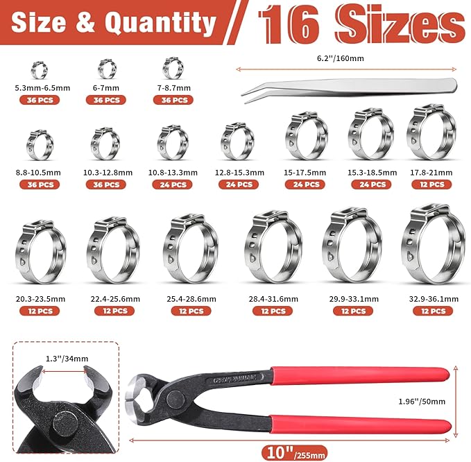 AKIHISA 360pcs 16 Sizes Single Ear Hose Clamps, 5.3-36.1mm Stainless Steel_304 Crimp Hose Clamps Cinch Rings Assortment Kit for Automotive, Pipe, Plumbing