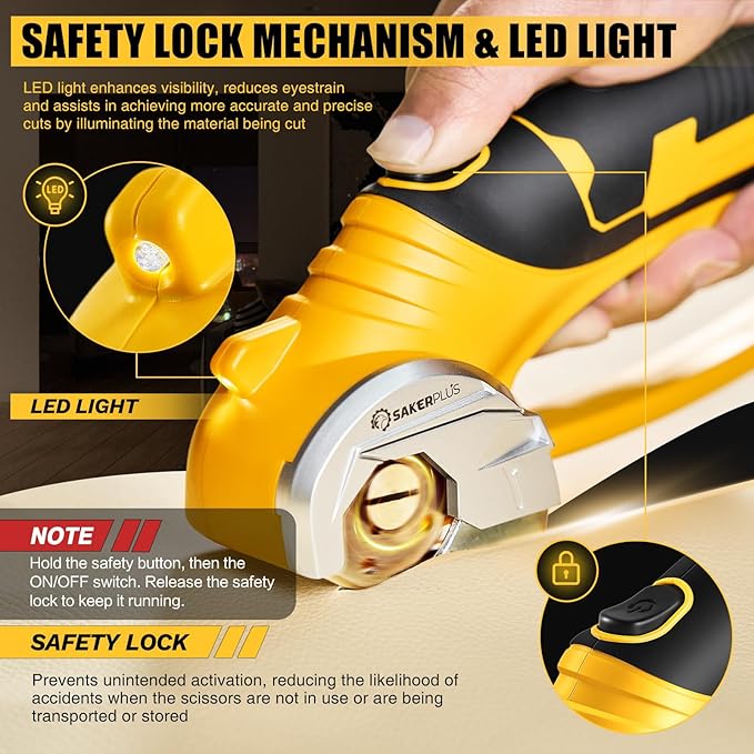 Cordless Electric Scissors, 4V Cardboard Cutter, Box Cutter - 2 Blades, 1 Storage Bag, Safety Lock & LED Light, Rechargeable Power Rotary Cutter for Box Carpet Fabric Plastic Leather