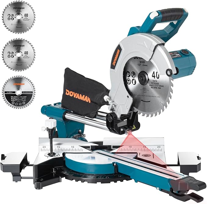 Updated 10-Inch Sliding Miter Saw, Multi-Material Cutting w/ 3 x TCT Blades, Ambidextrous Operation, 5000/3200RPM Speed, Laser Guide, 0-45° Bevel Cut, Max Cut 3.5x13.4in, 9 Positive Stops
