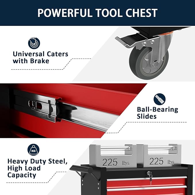 7-Drawer Metal Rolling Tool Chest with Wheels,Tool Storage Cabinet with Locking System，Toolbox with Wheels for Garage, Warehouse, Workshop, Repair Shop (Black&red, 7-Drawer)