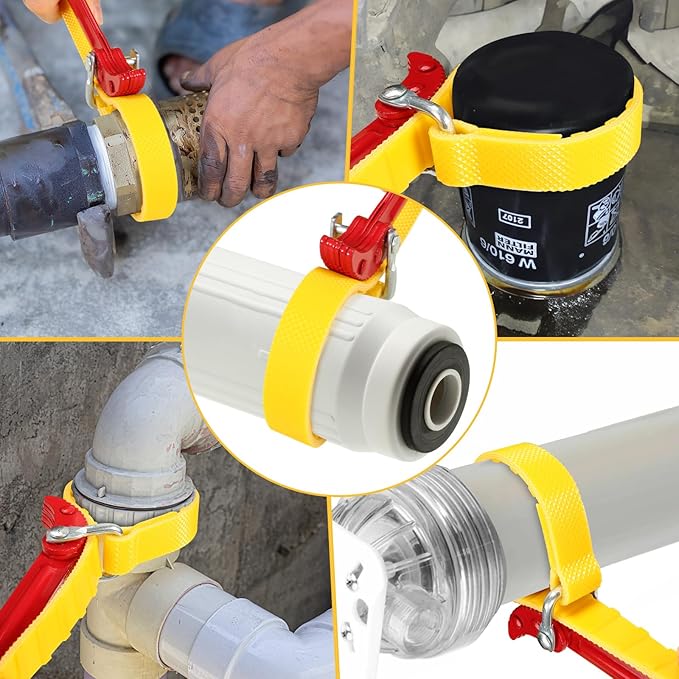 Strap Wrench Handle 8 Inches, Steel Handle Adjustable Strap Wrench for Replacing Water Filter, PVC Pipe Joints, Oil Filter, Swimming Pool Connection (Red Handle, Yellow Strap)
