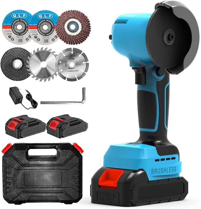 Brushless Cordless Angle Grinder Kit, 28000rpm Mini Electric Angle Grinding Tool with 2x21V 2000mAh Battery and 6-Cutting Discs, Grinder Handheld Cutter for Metal Wood