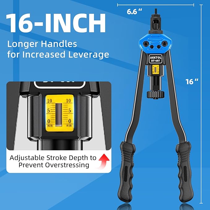 AKKTOL Rivet Nut Tool kit, 16" Rivnut Tool Kit with 15 Metric and SAE Mandrels, 125-PCS Rivet Nut Assortment Kit, Rugged Carrying Case, Ideal for Sheet Metal & Automotive Work