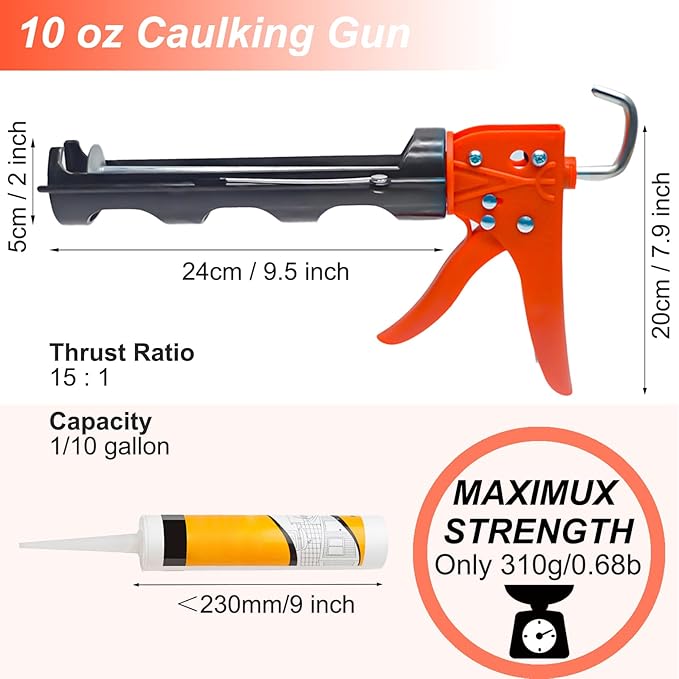 Caulk Gun, No Drip Silicone Caulking Gun,Hand Caulking Gun with Comfort Grip and 360° Rotary Design, 15:1 Thrust Ratio Caulk Guns, Smooth Round Rod for 10oz Caulk Tubes, Ideal for Tiles, Window Joints