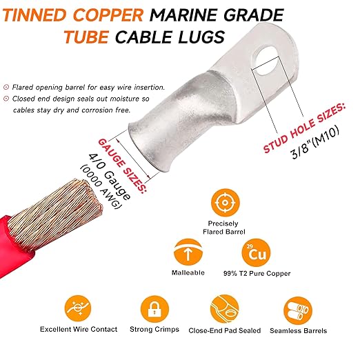 0000 Gauge Tinned Copper Cable Lugs 8 PCS 4/0 AWG-3/8(M10) Ring Terminal Heavy Duty Wire Lugs Battery Lugs, 8 PCS 4/0 Guage terminals Battery Cable Ends Connectors with 8 PCS 3:1 Heat Shrink Tube