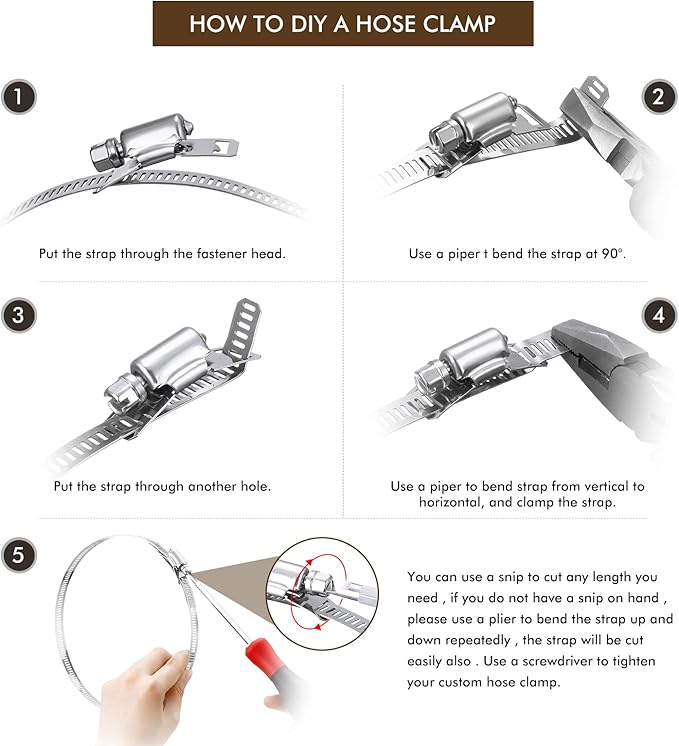 Ripeng Hoses Clamps Worm Duct Clamps Stainless Steel, Large Adjustable Pipe Hose Worm Drive fastener Device for Intercooler Pipe Plumbing Tube and Fuel Line(200 FT,42 Pcs)