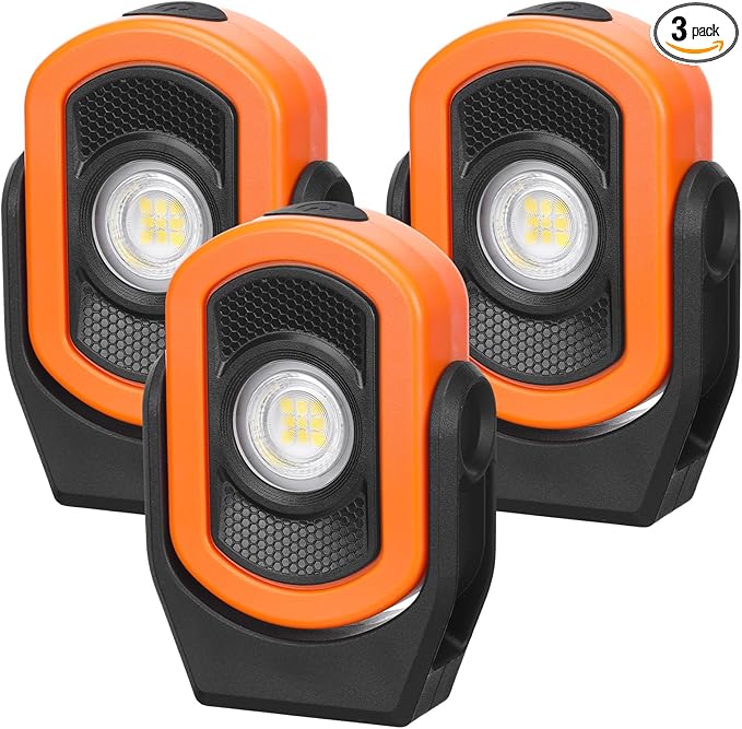 Retisee 3 Pcs 720 Lumens Magnetic Work Light USB Rechargeable LED Flashlight Portable Inspection Light for Car Repair Emergency Lighting Mechanics Workshop (Orange)