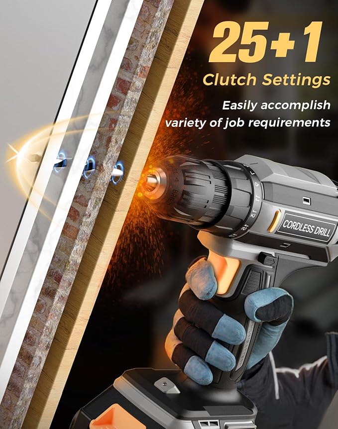 Cordless Drill, 20V MAX Power Drill Set with Dual Power Pack & Charger, 3/8 Inch Keyless Chuck, Variable Speed, 25+1 Position and 56PCS Bits/Screws, Power Tools for Home Projects