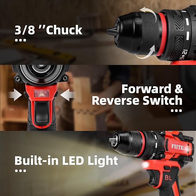 Power Drill, Cordless Drill with 2 × 2.0Ah Batteries, 3/8 inch Cordless Drills, 45Nm Small Drills Cordless, electric drill&LED Light, power drill cordless for Drilling and Tightening/Loosening Screws