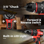 Power Drill, Cordless Drill with 2 × 2.0Ah Batteries, 3/8 inch Cordless Drills, 45Nm Small Drills Cordless, electric drill&LED Light, power drill cordless for Drilling and Tightening/Loosening Screws