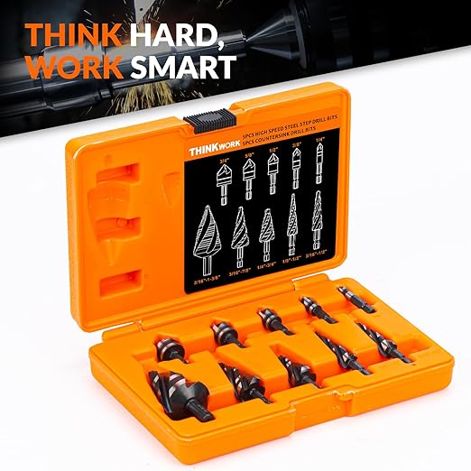 THINKWORK 5 Pcs Four Spiral Flute Step Drill Bit Set & 5 Pcs Countersink Drill Bits with Tool Box, Nitriding HSS Drill Bits for Metal, Aluminum, Wood, Plastic