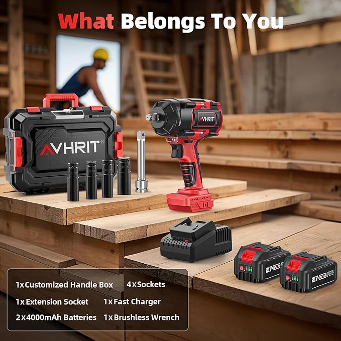 Cordless Impact Wrench, 1500Nm/1106Ft-lbs Electric Impact Gun 1/2 Inch with 2x4.0Ah Batteries, High Torque Impact Driver for Car/Truck RV/Mower