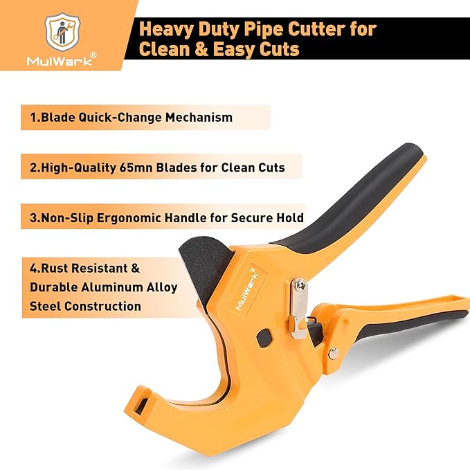 Mulwark PVC Pipe Cutter Tool Cuts up to 1-5/8", Heavy-Duty Aluminum Ratchet Cutter with Extra 3PC Teflon Tape and 1PC Blade for Cutting PVC, PPR, PE and Rubber Hose