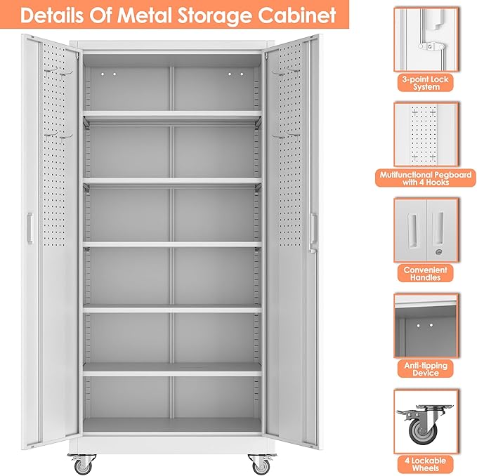 Aobabo 71" H×32" W×16" D Metal Storage Cabinet with Wheels, Garage Steel Storage Cabinet with 5 Adjustable Shelves and 4 Hooks for Home Office, Kitchen, White, Assembly Required