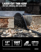 CRALY 12 Inch 100 Teeth Ultra Fine Finish Wood Cutting Circular Saw Blade, 1 Inch Arbor, Carbide Tipped, Thin Kerf, Black Ice Coating, for Wood Cutting Table Saw, Miter Saw(C12100FF)