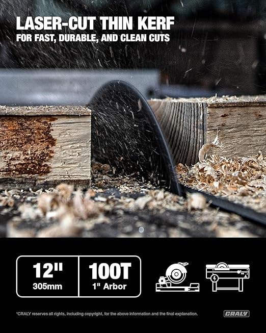 CRALY 12 Inch 100 Teeth Ultra Fine Finish Wood Cutting Circular Saw Blade, 1 Inch Arbor, Carbide Tipped, Thin Kerf, Black Ice Coating, for Wood Cutting Table Saw, Miter Saw(C12100FF)