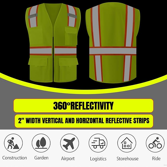 BeautyWill Custom Safety Vest Customized Logo Class 2 High Visibility Reflective Vest with Pockets Construction workwear