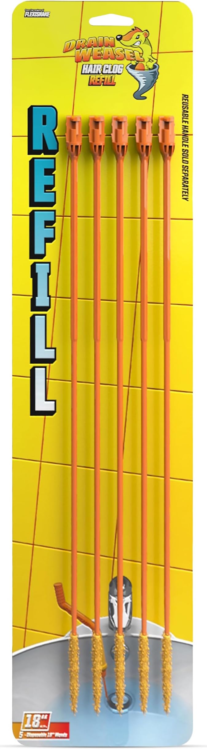 FlexiSnake Drain Weasel Refill - Sink Snake Hair Clog Remover Tool, Sink, Pipe, Bathroom, Bathtub Drain Cleaner, 18-inch Long Flexible Disposable Wands, Made in The USA, 5 Pack