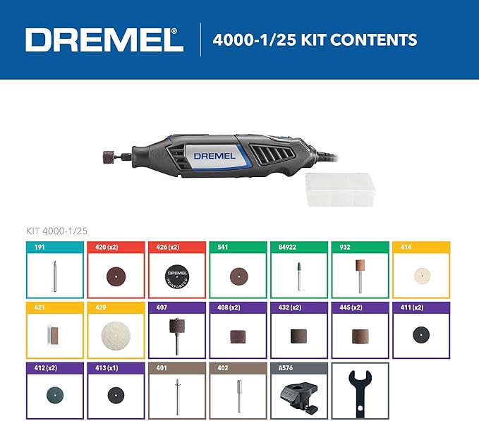 Dremel 4000-1/25 Variable Speed Rotary Tool Kit- Engraver, Polisher, and Sander- Perfect for Cutting, Detail Sanding, Engraving, Wood Carving, and Polising- 1 Attachment & 25 Accessories