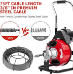 75 FT x 3/8 Inch Drain Cleaner Machine with 250W Motor, Auto Feed Sewer Snake Auger with 8 Cutters & Air-activated Foot Switch, Semi-Enclosed Drum Drain Cleaning Tool for 2" to 4" Pipes