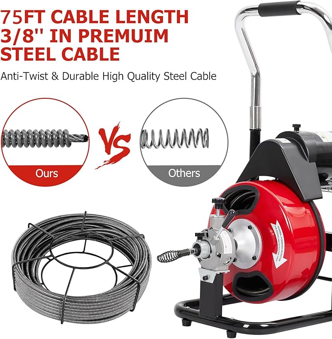 75 FT x 3/8 Inch Drain Cleaner Machine with 250W Motor, Auto Feed Sewer Snake Auger with 8 Cutters & Air-activated Foot Switch, Semi-Enclosed Drum Drain Cleaning Tool for 2" to 4" Pipes