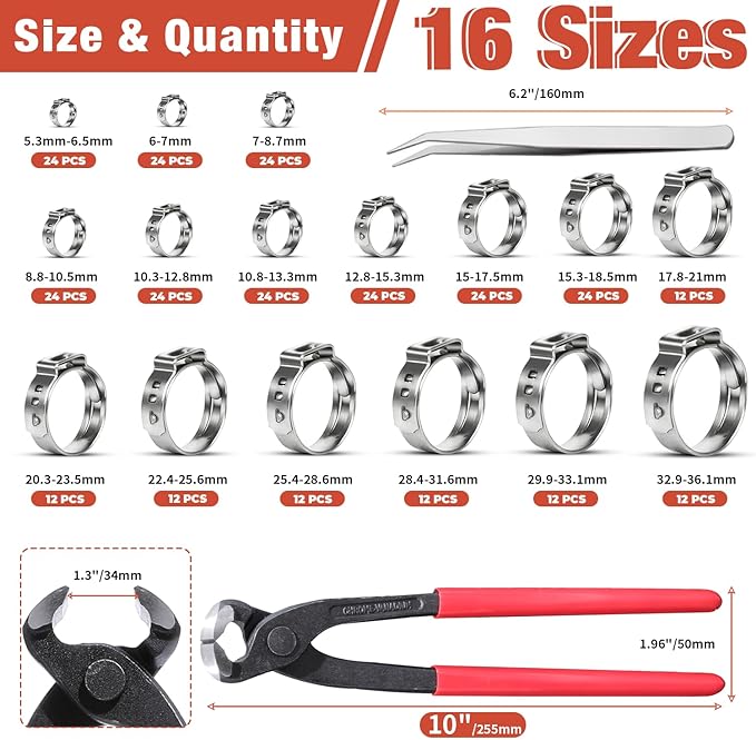AKIHISA 300pcs 16 Sizes Single Ear Hose Clamps, 5.3-36.1mm Stainless Steel_304 Crimp Hose Clamps Cinch Rings Assortment Kit for Automotive, Pipe, Plumbing
