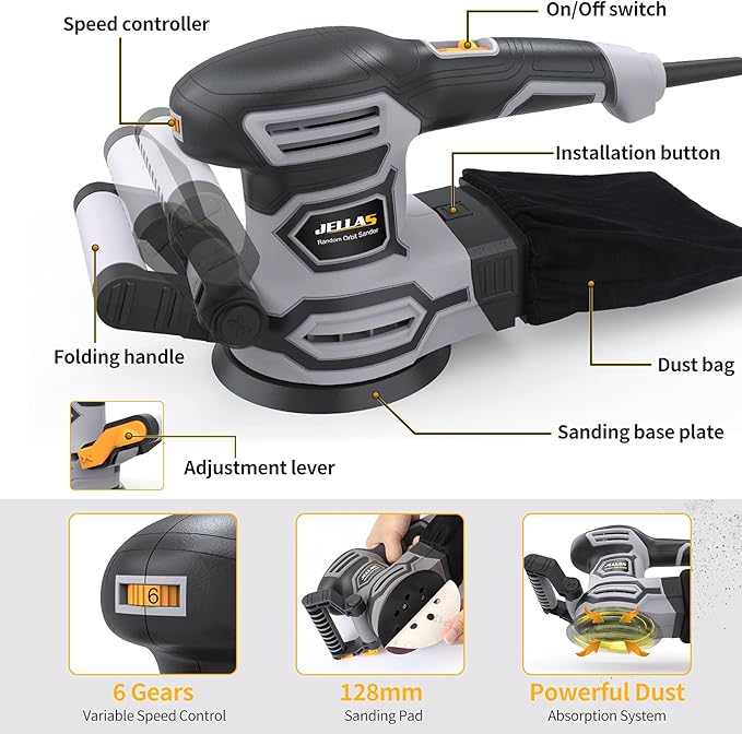 3.8A(450W) Orbital Sander, Jellas 6 Variable Speeds Double Handle Random Orbit Sander, 5-Inch Electric Sander with 18pcs Sandpapers, Dust Collector, Ideal Power Sander for Woodworking(OS450)