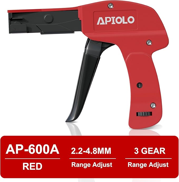 Zip Tie Gun, Cable Tie Gun with Cutting and Fastening, Adjustable Tension 1-3 Setting, Red, 6.29 Inches Length