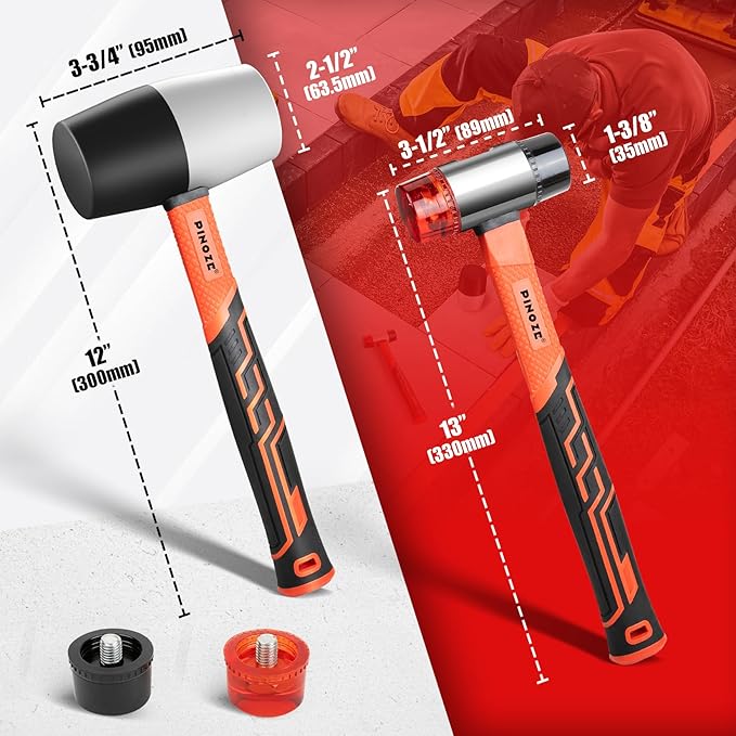 2-Piece Rubber Mallet Hammer Set, 16oz Rubber Hammer & 35mm Double-Faced Soft Mallet with 2pcs Relaceable Heads, Fiberglass Shockproof Cushioned Grip, Damage-Free to Floor, Tile, Crafts