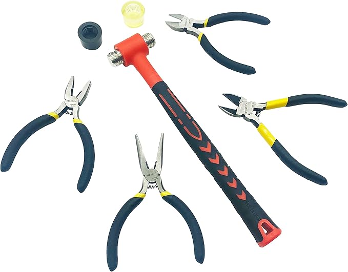 BOOSDEN 5-Piece Pliers Set Including 25mm Rubber mallet, 5" Wire Cutters, 5" Needle Nose Pliers, 5" Diagonal Cutters, 5" Linemans Pliers for DIY & Home Use