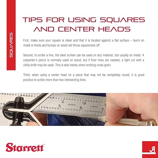 Starrett Steel Combination Square with Square Head - 4" Blade Length, Cast Iron Head, Hardened Steel, Reversible Lock Bolt, 4R Graduation Type - C11H-4-4R