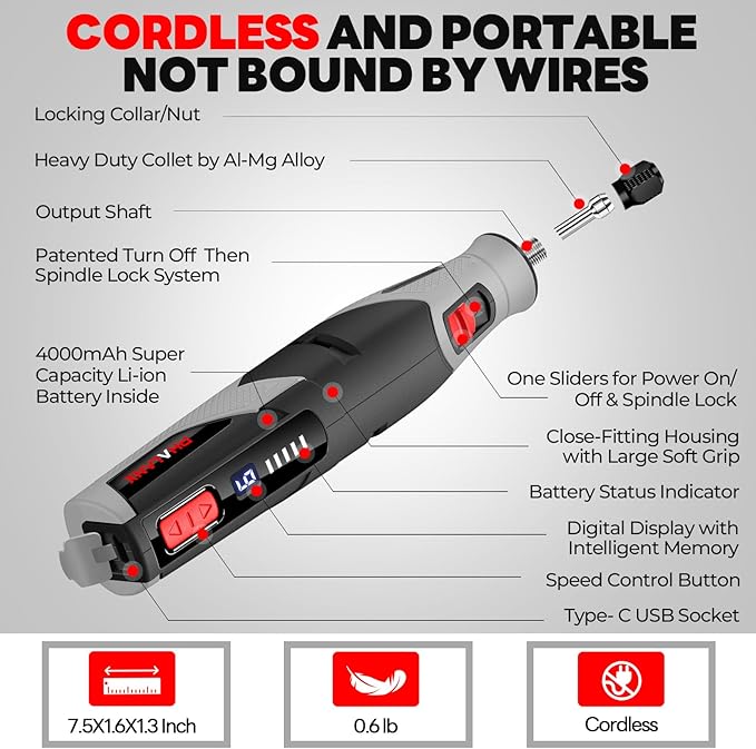 PHALANX Cordless Rotary Tool Kit, 4V 4000mAh Battery, 80 Accessories, 9 Speed Settings, 28000 RPM Max, Type-C Charging (PRT-Black)