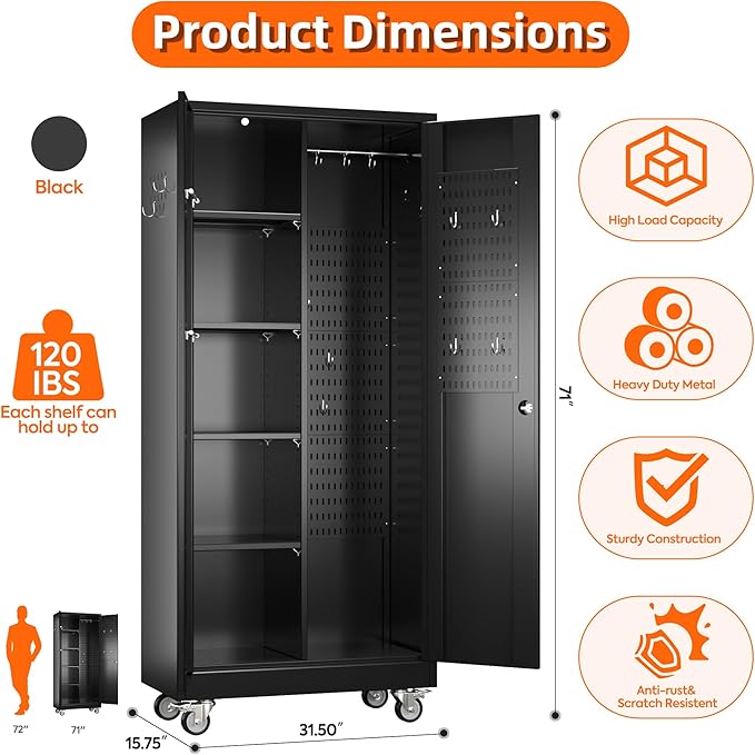 71" H Broom Storage Cabinet with Wheels and Doors,Rolling Tool Cabinet with Pegboard,Shelves and Rod for Garage Warehouse Home,Required Assembly,Black